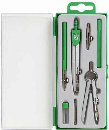 Готовальня BRAUBERG "Klasse", 7 предметов: циркуль+кронциркуль, рейсфедер + держатель, 2 вставки, грифель, 210344