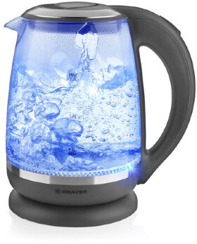 Чайник BRAYER BR1044, 2 л, 2200 Вт, закрытый нагревательный элемент, стекло, серый