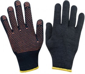 Перчатки хлопок + полиэфир УТЕПЛЕННЫЕ МАХРА, 1 пара, 10 класс, 77-80 г, размер 9, ПВХ ТОЧКА, утепленные с начесом внутри, СВС, 7.723 чер/оранж