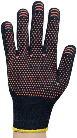 Перчатки хлопок + полиэфир УТЕПЛЕННЫЕ МАХРА, 1 пара, 10 класс, 77-80 г, размер 9, ПВХ ТОЧКА, утепленные с начесом внутри, СВС, 7.723 чер/оранж
