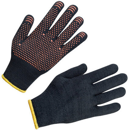 Перчатки хлопок + полиэфир УТЕПЛЕННЫЕ МАХРА, 1 пара, 10 класс, 77-80 г, размер 9, ПВХ ТОЧКА, утепленные с начесом внутри, СВС, 7.723 чер/оранж