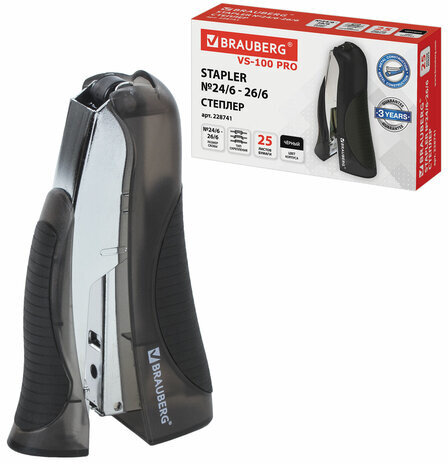 Степлер №24/6, 26/6 BRAUBERG "VS-100 Pro", до 25 листов, вертикальный, эргономичный, черный 228741
