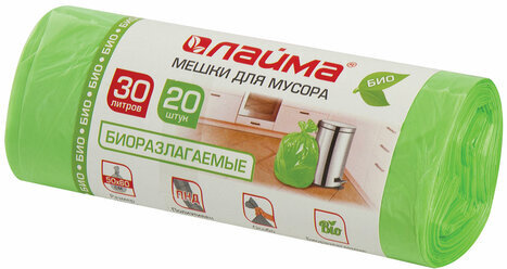 Мешки для мусора биоразлагаемые 30 л зеленые в рулоне 20 шт. прочные, ПНД 10 мкм, 50х60 см, LAIMA, 601400