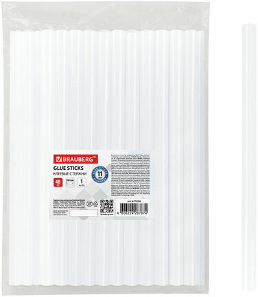 Клеевые стержни, диаметр 11 мм, длина 200 мм, прозрачные, 1 кг (48 штук) BRAUBERG, 671056