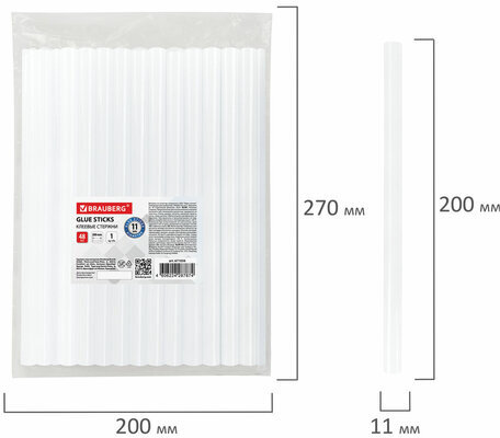 Клеевые стержни, диаметр 11 мм, длина 200 мм, прозрачные, 1 кг (48 штук) BRAUBERG, 671056