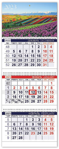 Календарь квартальный с бегунком 2023 г., 3 блока, 3 гребня, ОФИС, "Цветущие долины", HATBER, 3Кв3гр3_27059