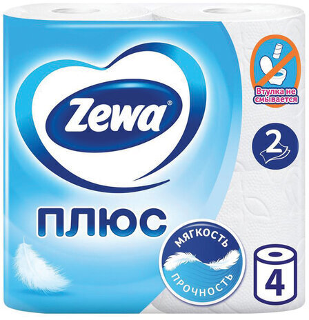 Бумага туалетная 2-х слойная, 4 рулона (4х23 м), белая, ZEWA Plus, 144051