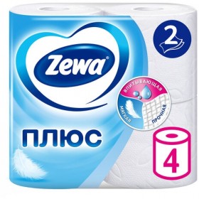 Бумага туалетная 2-х слойная, 4 рулона (4х23 м), белая, ZEWA Plus, 144051