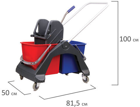 Тележка уборочная BRABIX, 2 съемных ведра 30 л, механический отжим, пластиковый каркас, фиксирующаяся ручка, 606661