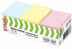 Блок самоклеящийся (стикеры) STAFF, ПАСТЕЛЬНЫЙ, 38х51 мм, 100 листов, НАБОР 12 штук, 3 цвета, 129346