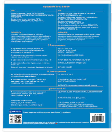 Тетрадь предметная "ЗНАНИЯ" 36 л., обложка мелованная бумага, РУССКИЙ ЯЗЫК, линия, подсказ, BRAUBERG, 404828