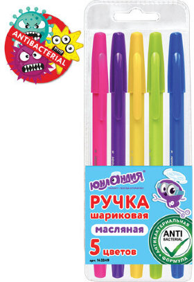 Ручки шариковые масляные ЮНЛАНДИЯ, НАБОР 5 шт., 5 цветов, &quot;АНТИБАКТЕРИАЛЬНЫЕ&quot;, узел 0,7 мм, линия письма 0,35 мм, 143349, OBP384