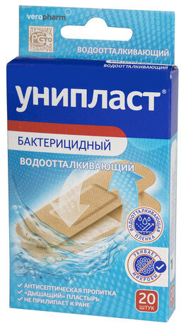 Набор лейкопластырей бактерицидных 20 шт., УНИПЛАСТ, 1,9х7,2 см, влагостойкие, 20024393