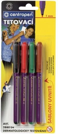Фломастеры для кожи 4 ЦВЕТА CENTROPEN "Tattoo", + 16 трафаретов, смываемые, 2880/4BL, 6 2880 0405