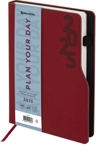 Ежедневник датированный 2025, А5, 150x213 мм, BRAUBERG "Up", под кожу, софт-тач, держатель для ручки, красный, 115844