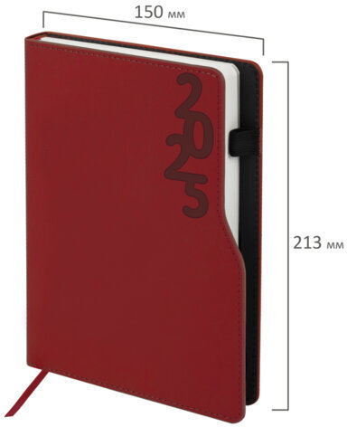 Ежедневник датированный 2025, А5, 150x213 мм, BRAUBERG "Up", под кожу, софт-тач, держатель для ручки, красный, 115844