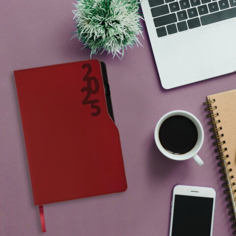 Ежедневник датированный 2025, А5, 150x213 мм, BRAUBERG "Up", под кожу, софт-тач, держатель для ручки, красный, 115844