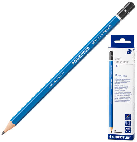 Карандаш чернографитный STAEDTLER ПРЕМИУМ (Германия), 1 шт., "Mars Lumograph", H, без резинки, грифель 2 мм, 100-H