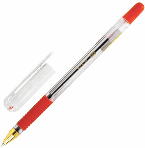 Ручка шариковая с грипом BRAUBERG "X-ONE", КРАСНАЯ, корпус прозрачный, узел 0,5 мм, линия письма 0,35 мм, 143989