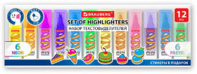 Набор текстовыделителей мини с принтами, 12 ЦВЕТОВ, BRAUBERG, 6 неоновых цветов + 6 пастельных цветов, линия 1-5 мм, 152537