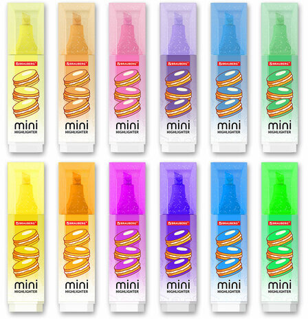 Набор текстовыделителей мини с принтами, 12 ЦВЕТОВ, BRAUBERG, 6 неоновых цветов + 6 пастельных цветов, линия 1-5 мм, 152537