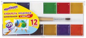 Краски акварельные ЮНЛАНДИЯ &quot;ШКОЛЬНЫЕ&quot;, 12 цветов, медовые, увеличенный объем кювет, С КИСТЬЮ, пластиковая коробка, 191527