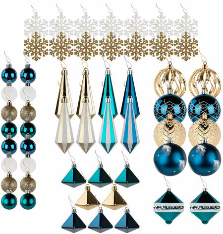 Шары ёлочные НАБОР 56 предметов, "Polar Light", бирюзовый/золото, пластик, ЗОЛОТАЯ СКАЗКА, 592175