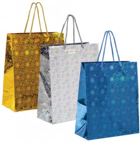 Пакет подарочный новогодний (1 шт.) 26x13x32 см (L), ГОЛОГРАФИЯ ассорти 3 цвета, ЗОЛОТАЯ СКАЗКА, 609612