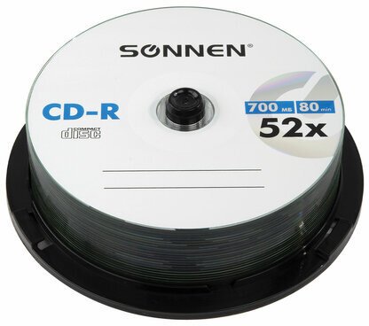 Диски CD-R SONNEN, 700 Mb, 52x, Cake Box (упаковка на шпиле) КОМПЛЕКТ 25 шт., 513531