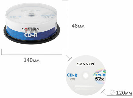 Диски CD-R SONNEN, 700 Mb, 52x, Cake Box (упаковка на шпиле) КОМПЛЕКТ 25 шт., 513531