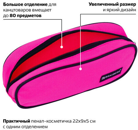 Пенал-косметичка BRAUBERG овальный, полиэстер, "Pink", 22х9х5 см, 229270
