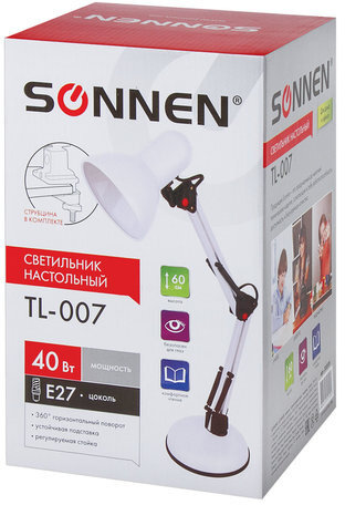 Настольная лампа-светильник SONNEN TL-007, подставка + струбцина, 40 Вт, Е27, БЕЛЫЙ, высота 60 см, 235539