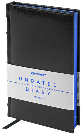 Ежедневник недатированный А5 138х213 мм BRAUBERG "FLAME", под кожу, 160 л., черный, синий срез, 113427