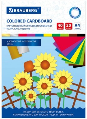 Картон цветной А4 МЕЛОВАННЫЙ ВОЛШЕБНЫЙ EXTRA, 40 листов, 20 цветов, в папке, BRAUBERG, 200х290 мм, 113545