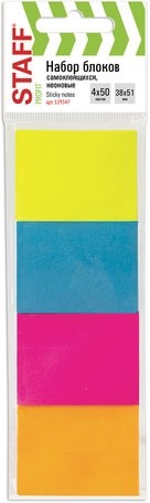 Блок самоклеящийся (стикеры) STAFF, НЕОНОВЫЙ, 38х51 мм, 50 листов, НАБОР 4 штуки, ассорти, 129347