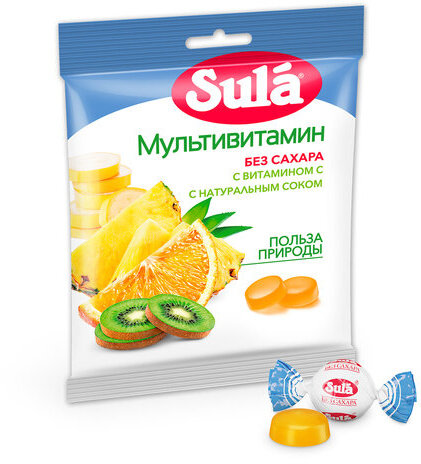 Карамель леденцовая SULA (Зула) "Мультивитамин", без сахара с витамином С, 60 г, 86589