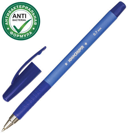 Ручка шариковая масляная с грипом ЮНЛАНДИЯ "АНТИБАКТЕРИАЛЬНАЯ", СИНЯЯ, трехгранная, узел 0,7 мм, 143350, OBP385