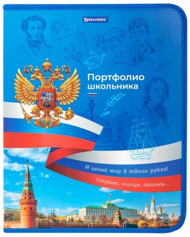 Папка-портфолио школьника, А4, на молнии, 8 вкладышей, обложка твердая, СИМВОЛИКА, BRAUBERG, 115243