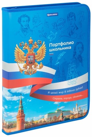 Папка-портфолио школьника, А4, на молнии, 8 вкладышей, обложка твердая, СИМВОЛИКА, BRAUBERG, 115243