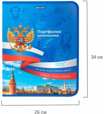 Папка-портфолио школьника, А4, на молнии, 8 вкладышей, обложка твердая, СИМВОЛИКА, BRAUBERG, 115243