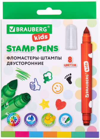 Фломастеры-штампы двусторонние "FUNNY STAMPS", 8 цветов, BRAUBERG KIDS, картонная коробка с европодвесом, 152179