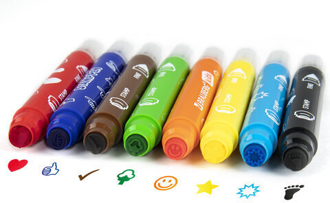 Фломастеры-штампы двусторонние "FUNNY STAMPS", 8 цветов, BRAUBERG KIDS, картонная коробка с европодвесом, 152179