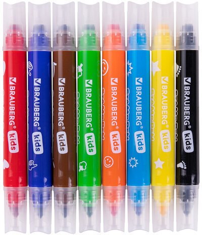 Фломастеры-штампы двусторонние "FUNNY STAMPS", 8 цветов, BRAUBERG KIDS, картонная коробка с европодвесом, 152179