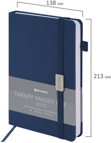 Ежедневник датированный 2025, А5, 138x213 мм, BRAUBERG "Control", под кожу, держатель для ручки, синий, 115845