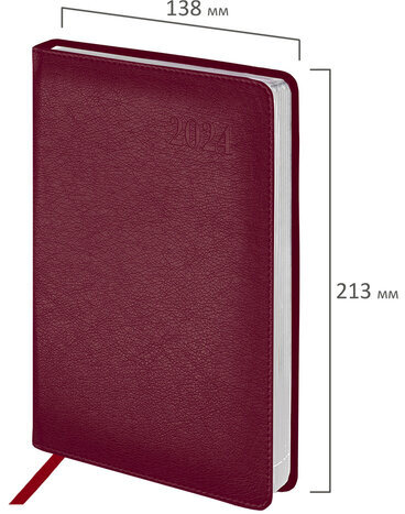 Ежедневник датированный 2024 А5 138х213 мм BRAUBERG "Impression", под кожу, бордовый, 115004