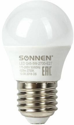 Лампа светодиодная SONNEN, 5 (40) Вт, цоколь E27, шар, теплый белый свет, 30000 ч, LED G45-5W-2700-E27, 453699