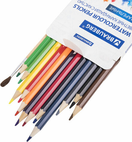 Карандаши цветные акварельные классические мягкие BRAUBERG, 12 цветов, с КИСТЬЮ, 181848