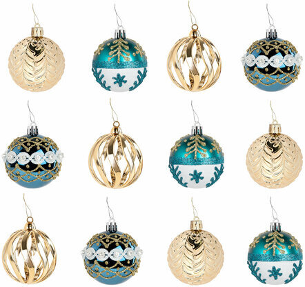 Шары ёлочные 12 шт., 6 см, "Frost Forest", пластик, бирюзовый/золото, ЗОЛОТАЯ СКАЗКА, 592176