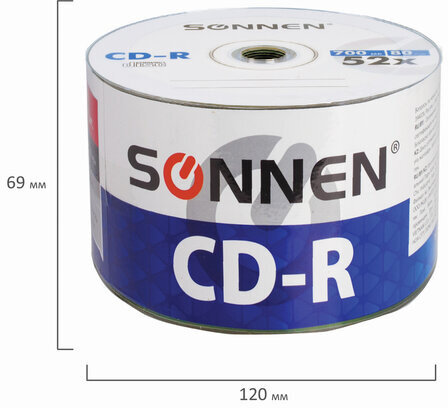 Диски CD-R SONNEN 700 Mb 52x Bulk (термоусадка без шпиля), КОМПЛЕКТ 50 шт., 512571