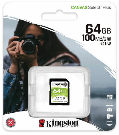 Карта памяти SDXC 64 GB KINGSTON Canvas Select Plus UHS-I U1, 100 Мб/сек (class 10), SDS2/64 GB, SDS2/64GB